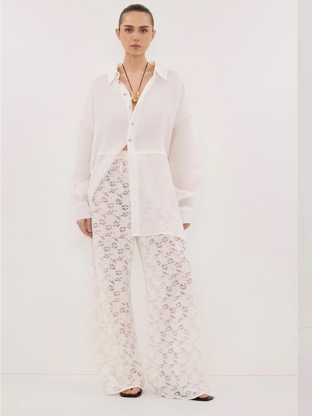 DISSH Cream Lace Overlay Wide Leg Pants